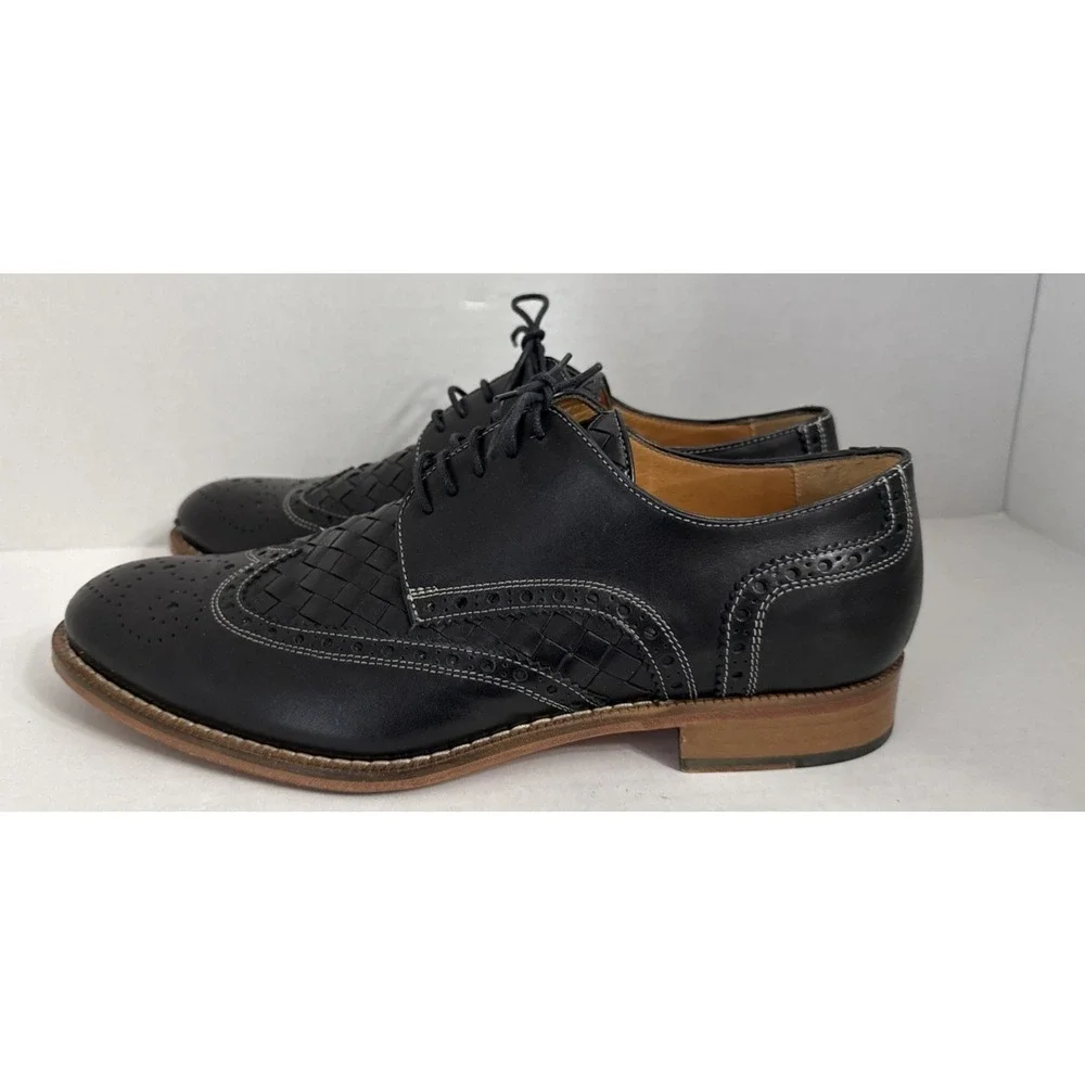 Paul Frederick Men's Wing Tip Black Leather Shoes Size 9.5 M Made in Italy Weave